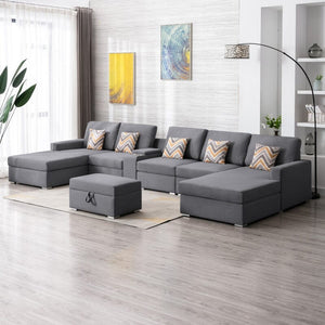 Nolan Gray Linen Fabric 7Pc Double Chaise Sectional Sofa with Interchangeable Legs, Storage Ottoman, Pillows, and a USB, Charging Ports, Cupholders, Storage Console Table