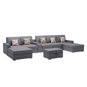 Nolan Gray Linen Fabric 7Pc Double Chaise Sectional Sofa with Interchangeable Legs, Storage Ottoman, Pillows, and a USB, Charging Ports, Cupholders, Storage Console Table