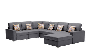 Nolan Gray Linen Fabric 6Pc Reversible Chaise Sectional Sofa with Pillows and Interchangeable Legs