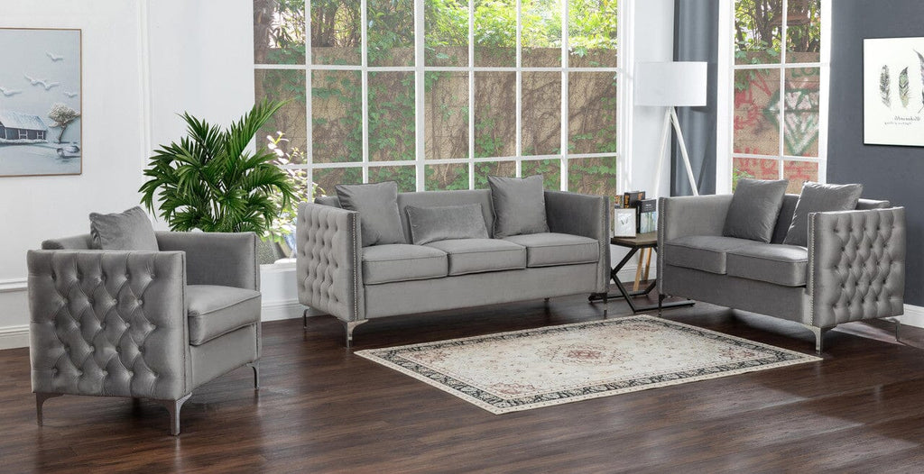Bayberry Gray Velvet Sofa with 3 Pillows