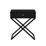 Koda Black Wooden End Side Table Nightstand with Glass Top, Drawer and Metal Cross Base