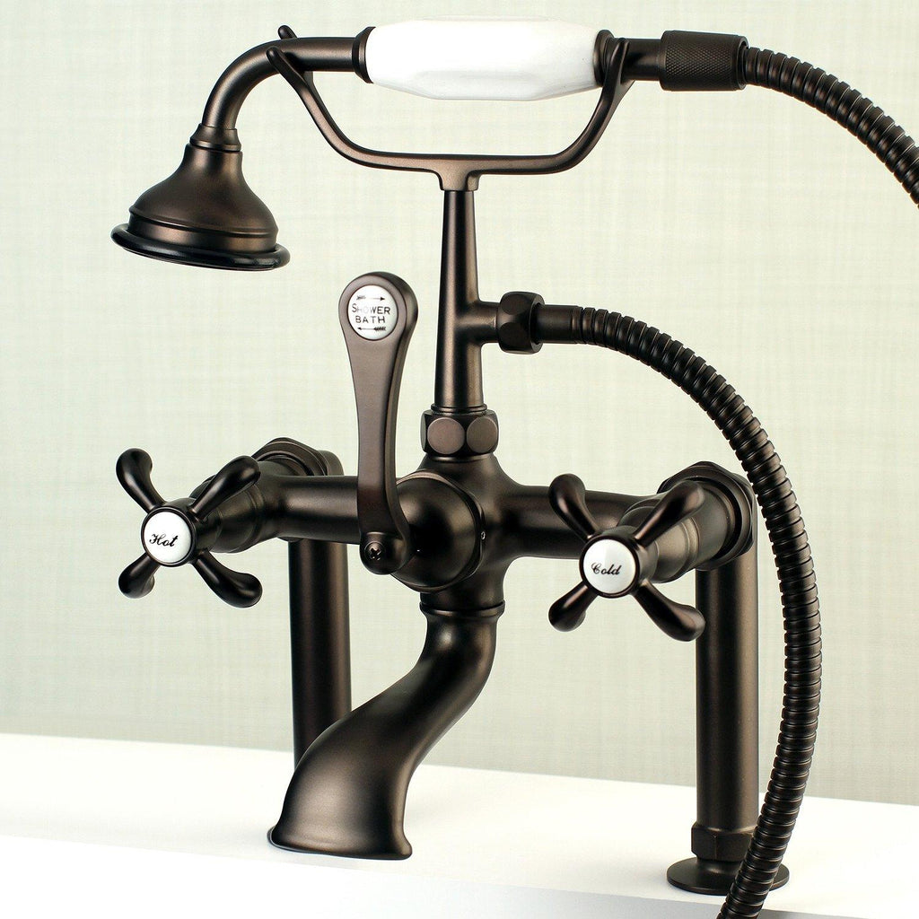 French Country Three-Handle 2-Hole Deck-Mount Clawfoot Tub Faucet with Hand Shower