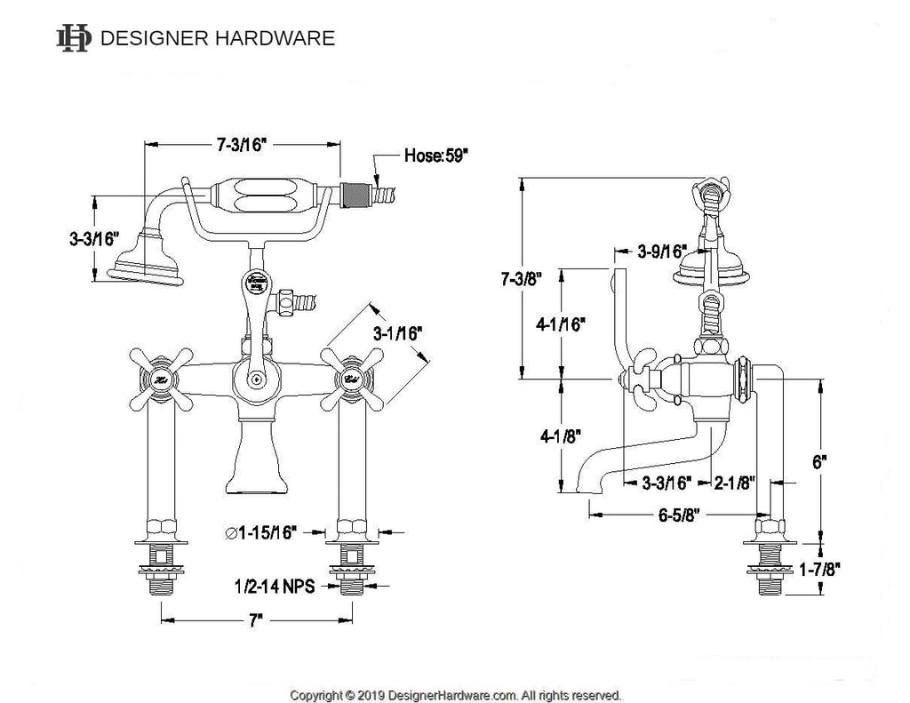 French Country Three-Handle 2-Hole Deck-Mount Clawfoot Tub Faucet with Hand Shower