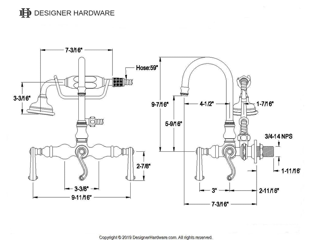 Royale Three-Handle 2-Hole Tub Wall Mount Clawfoot Tub Faucet with Hand Shower
