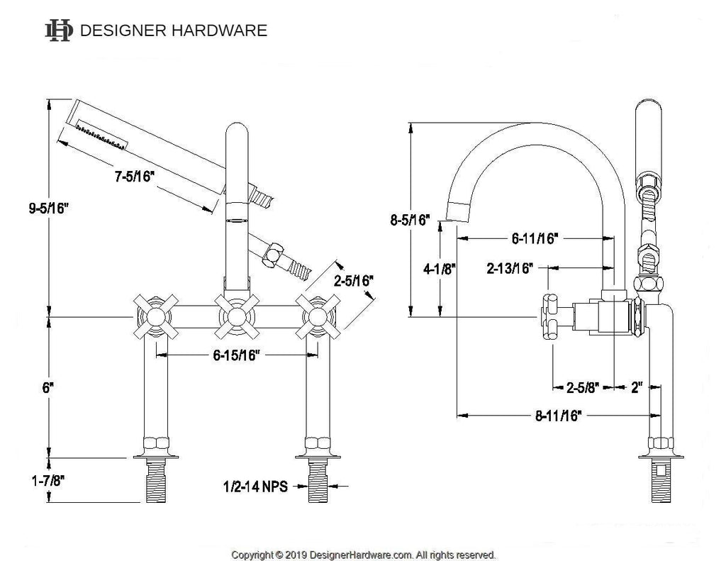 Concord Three-Handle 2-Hole Deck-Mount Clawfoot Tub Faucet with Hand Shower