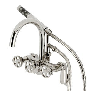 Webb Three-Handle 2-Hole Adjustable Wall Mount Clawfoot Tub Faucet with Knurled Handle and Hand Shower