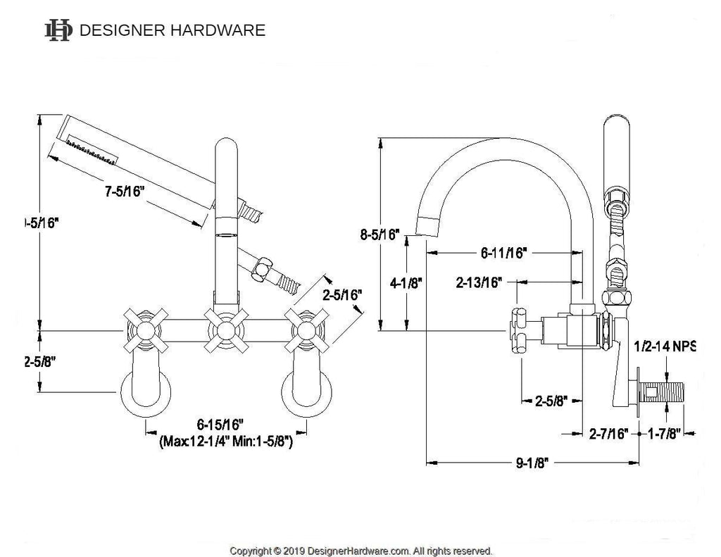 Concord Three-Handle 2-Hole Tub Wall Mount Clawfoot Tub Faucet with Hand Shower