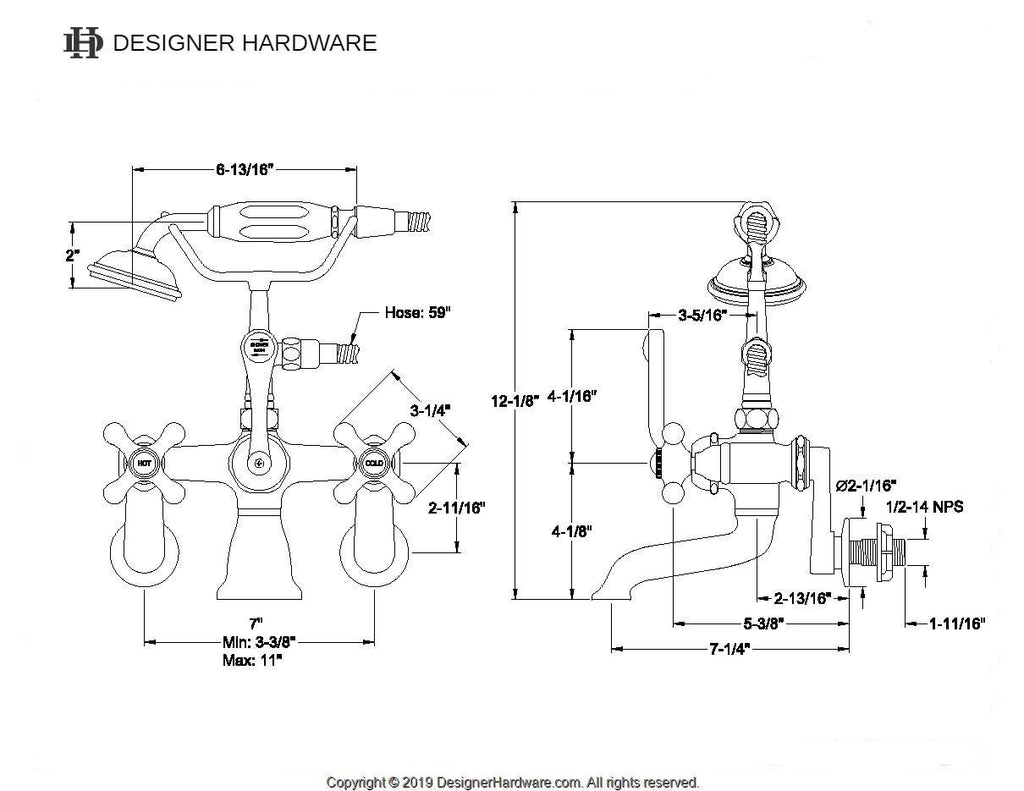 Vintage Three-Handle 2-Hole Tub Wall Mount Clawfoot Tub Faucet with Hand Shower