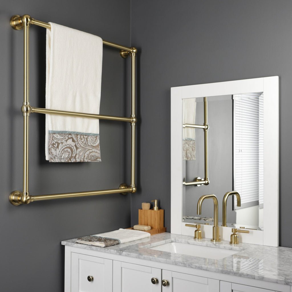Palatine 30-Inch x 32-Inch Brass Wall Mount 3-Tier Towel Rack