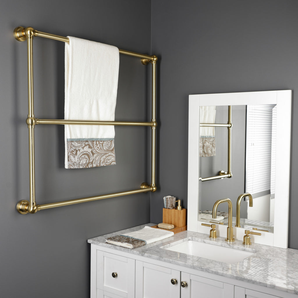 Palatine 36-Inch x 32-Inch Brass Wall Mount 3-Tier Towel Rack