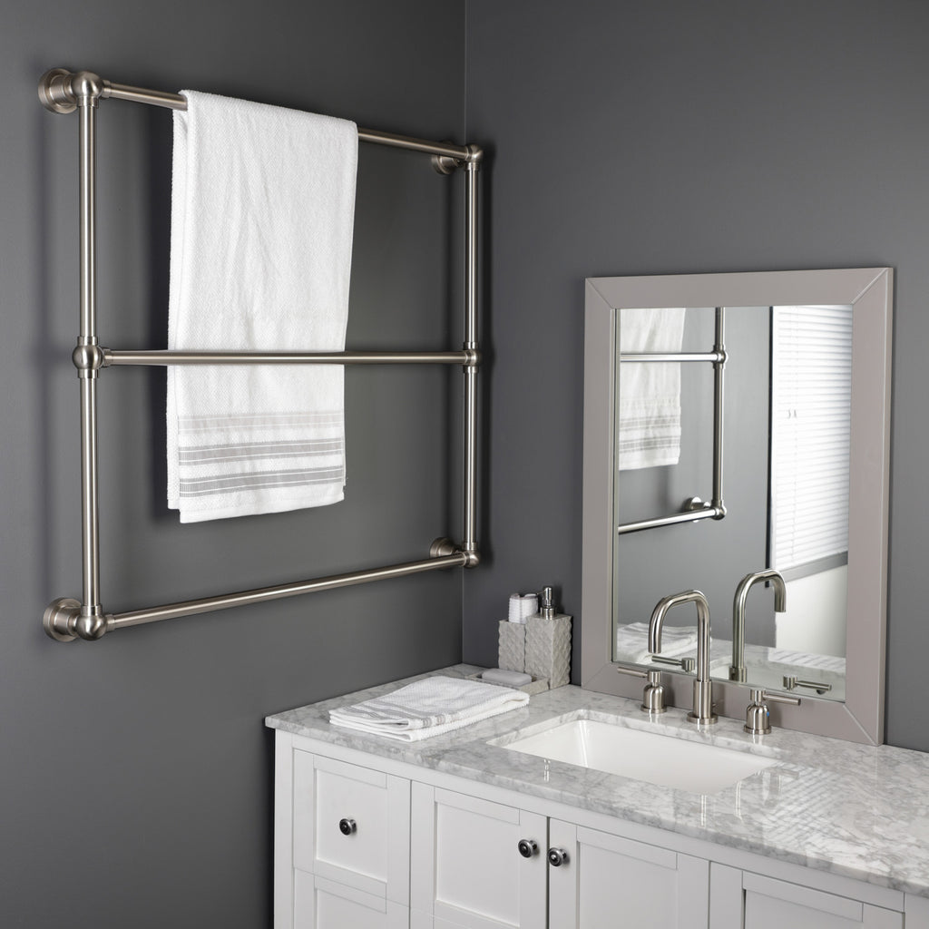 Palatine 36-Inch x 32-Inch Brass Wall Mount 3-Tier Towel Rack