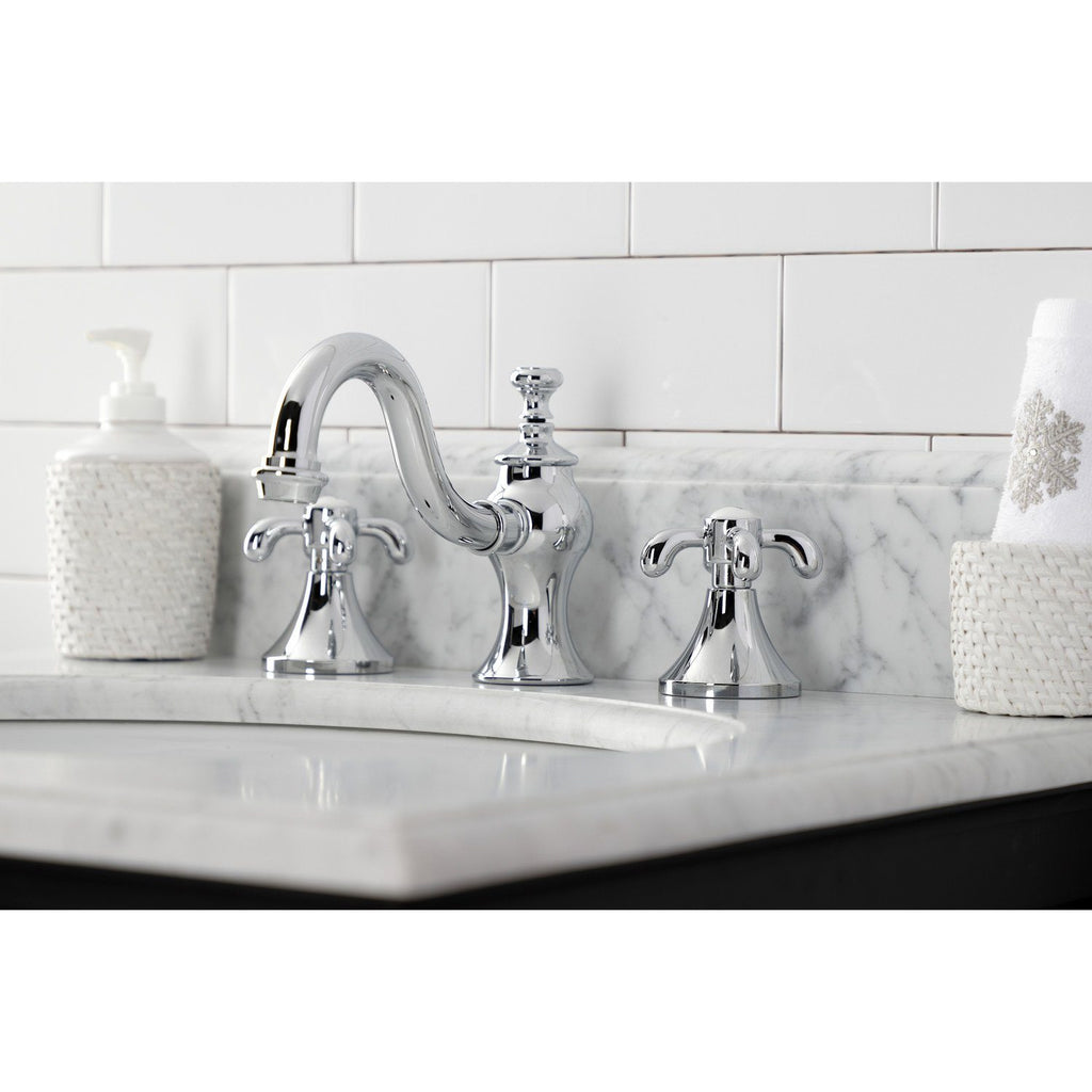 French Country Two-Handle 3-Hole Deck Mount Widespread Bathroom Faucet with Brass Pop-Up Drain