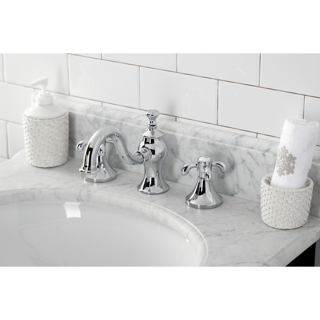 French Country Two-Handle 3-Hole Deck Mount Widespread Bathroom Faucet with Brass Pop-Up Drain