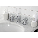 French Country Two-Handle 3-Hole Deck Mount Widespread Bathroom Faucet with Brass Pop-Up Drain