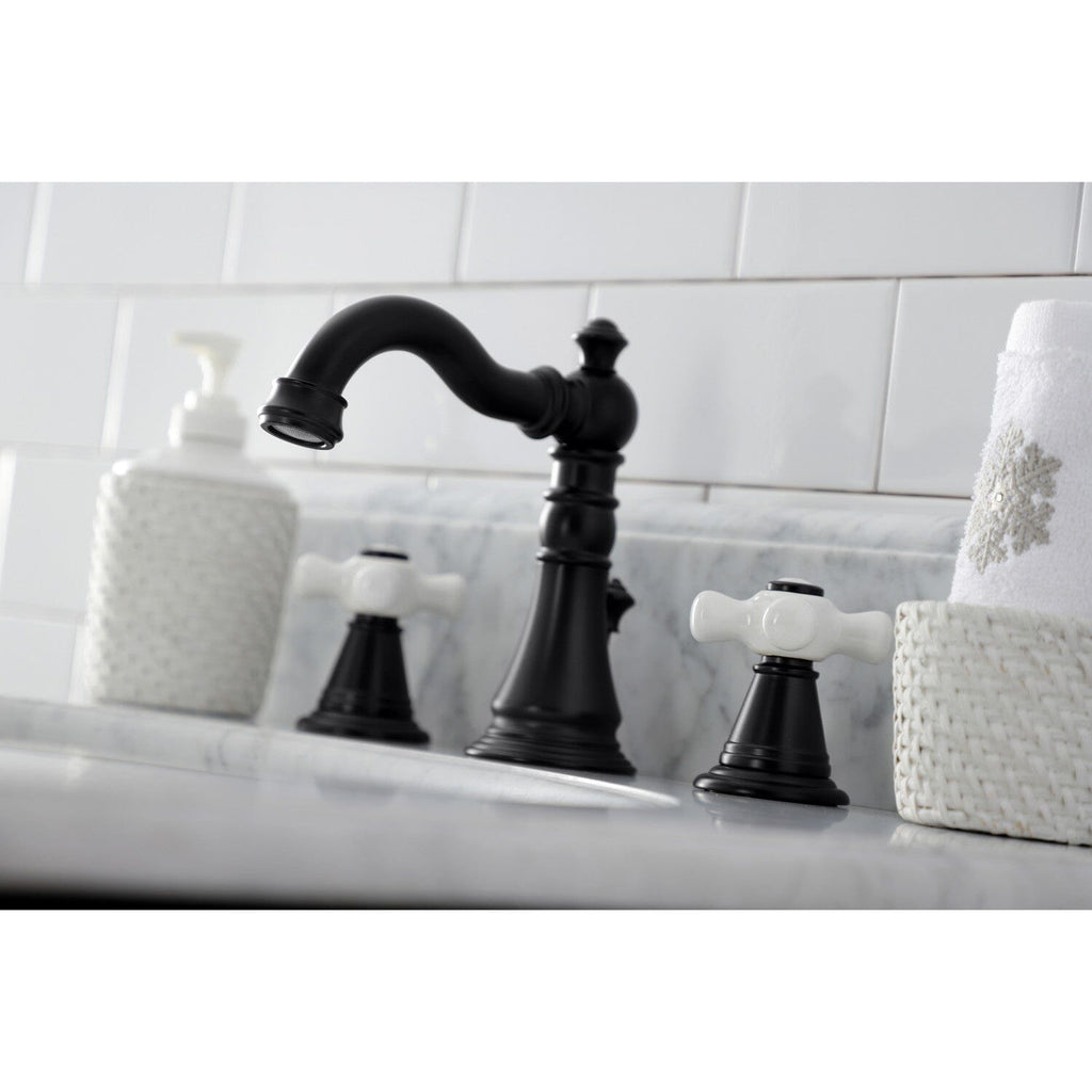 American Classic Two-Handle 3-Hole Deck Mount Widespread Bathroom Faucet with Brass Pop-Up Drain