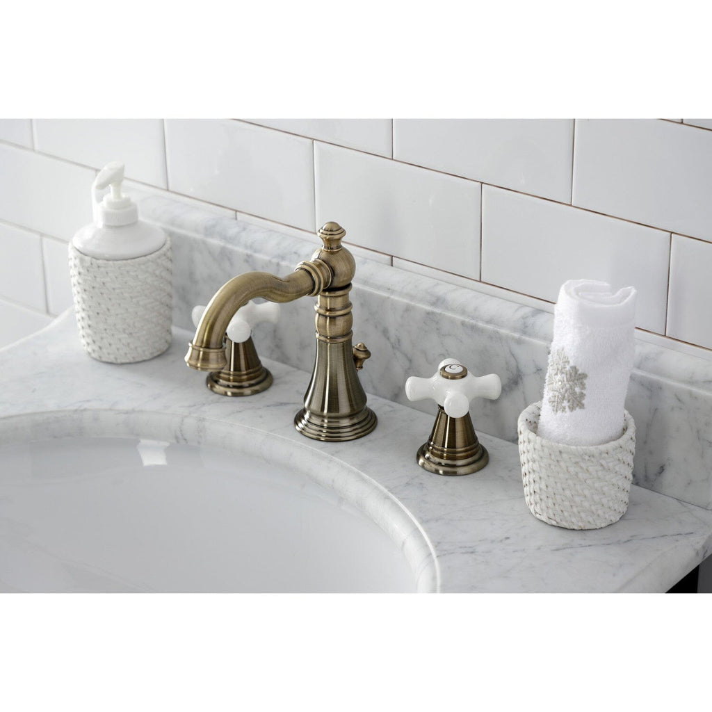 American Classic Two-Handle 3-Hole Deck Mount Widespread Bathroom Faucet with Brass Pop-Up Drain