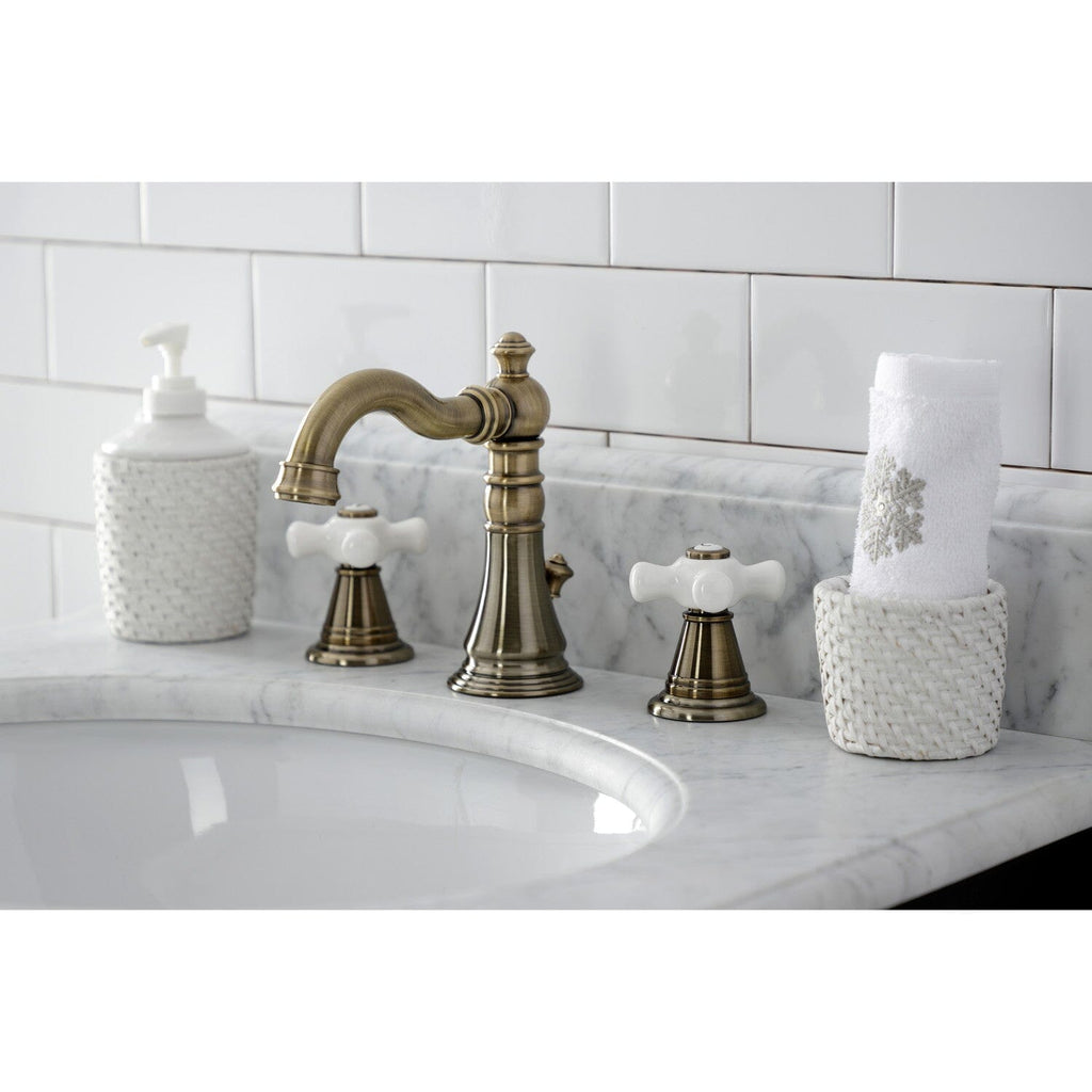 American Classic Two-Handle 3-Hole Deck Mount Widespread Bathroom Faucet with Brass Pop-Up Drain