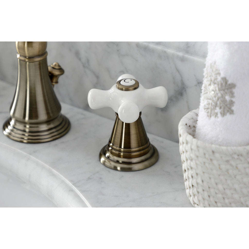 American Classic Two-Handle 3-Hole Deck Mount Widespread Bathroom Faucet with Brass Pop-Up Drain