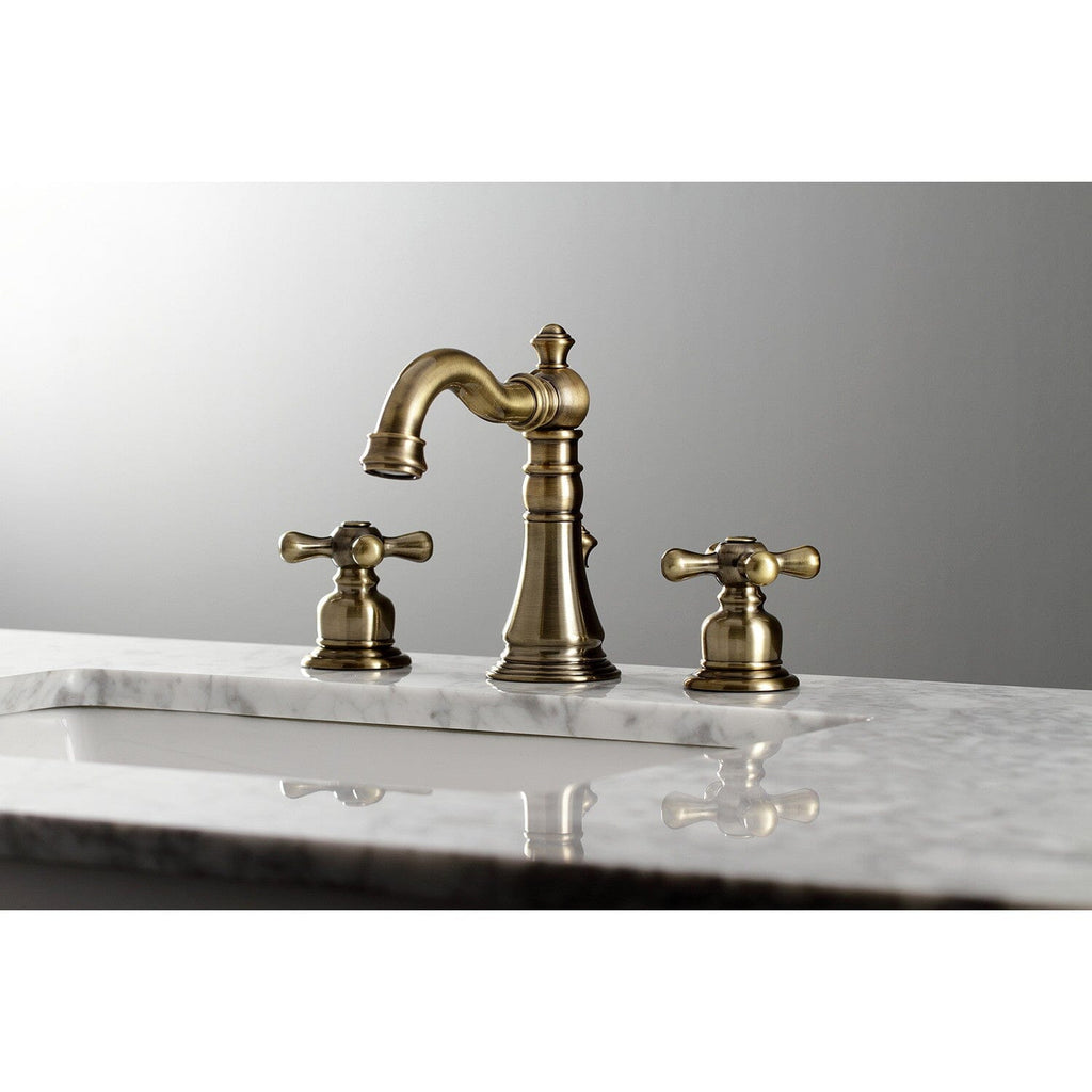 American Classic Two-Handle 3-Hole Deck Mount Widespread Bathroom Faucet with Brass Pop-Up Drain