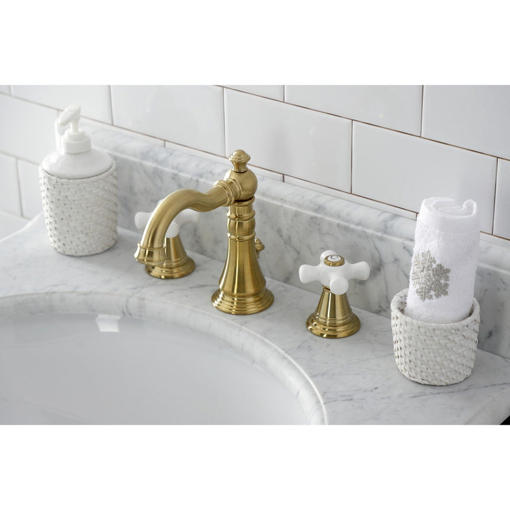American Classic Two-Handle 3-Hole Deck Mount Widespread Bathroom Faucet with Brass Pop-Up Drain