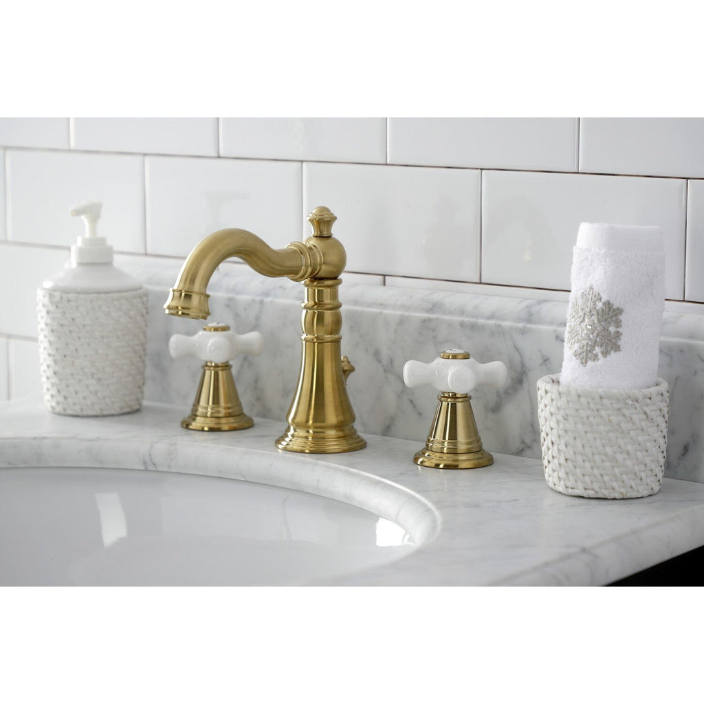American Classic Two-Handle 3-Hole Deck Mount Widespread Bathroom Faucet with Brass Pop-Up Drain