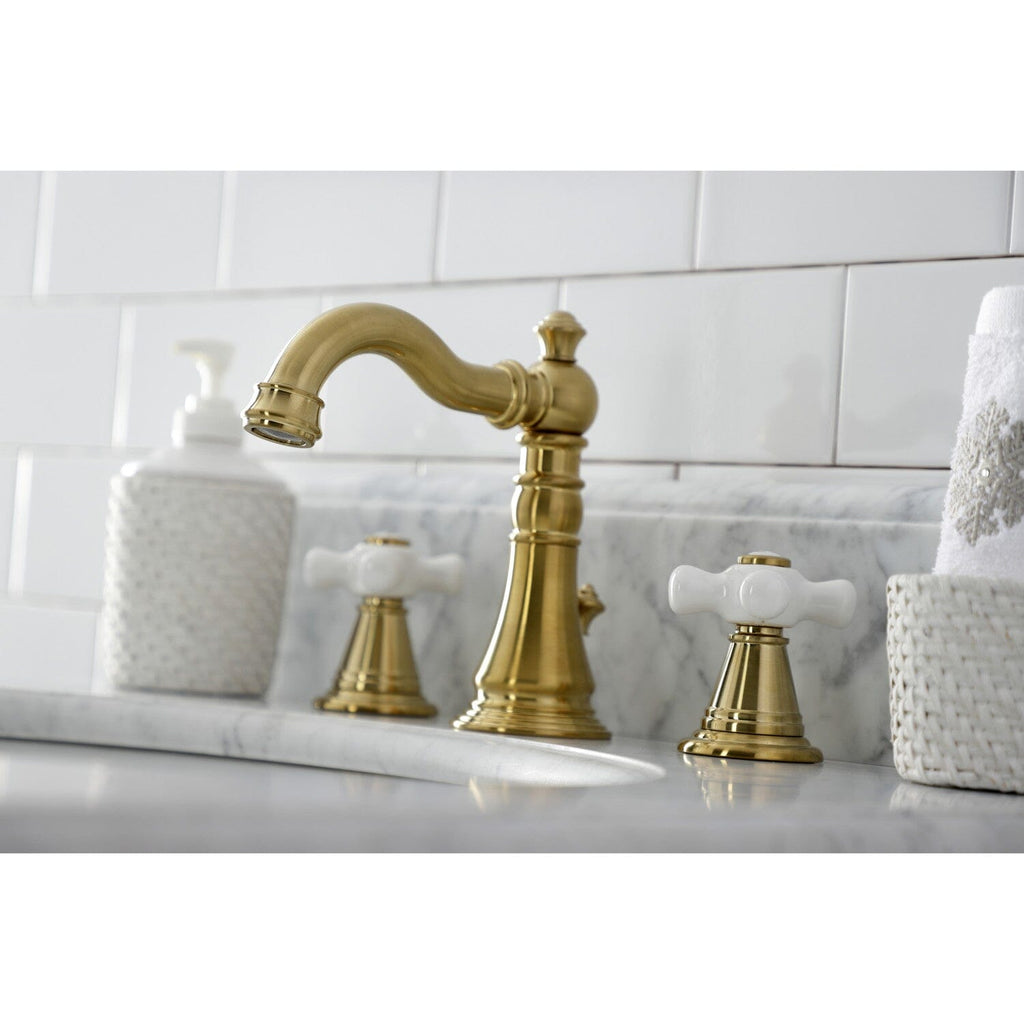 American Classic Two-Handle 3-Hole Deck Mount Widespread Bathroom Faucet with Brass Pop-Up Drain