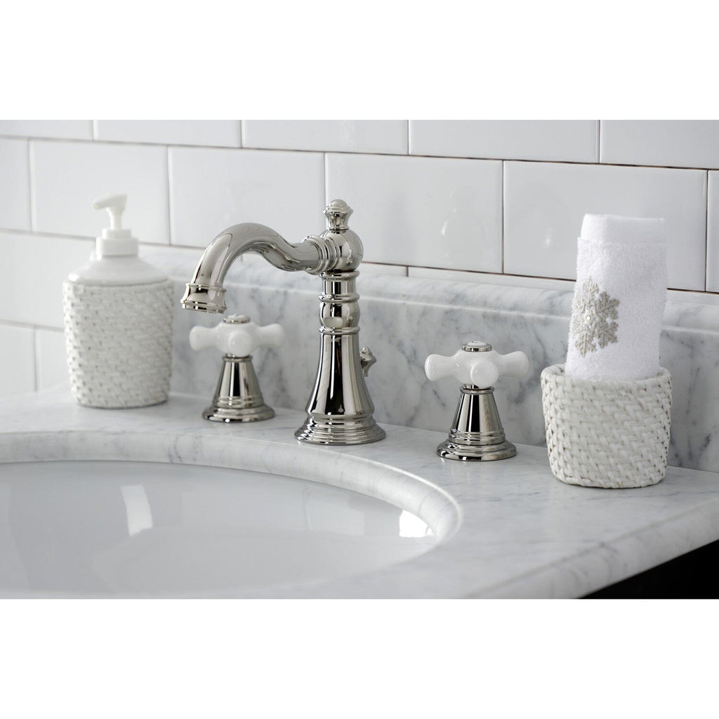 American Classic Two-Handle 3-Hole Deck Mount Widespread Bathroom Faucet with Brass Pop-Up Drain