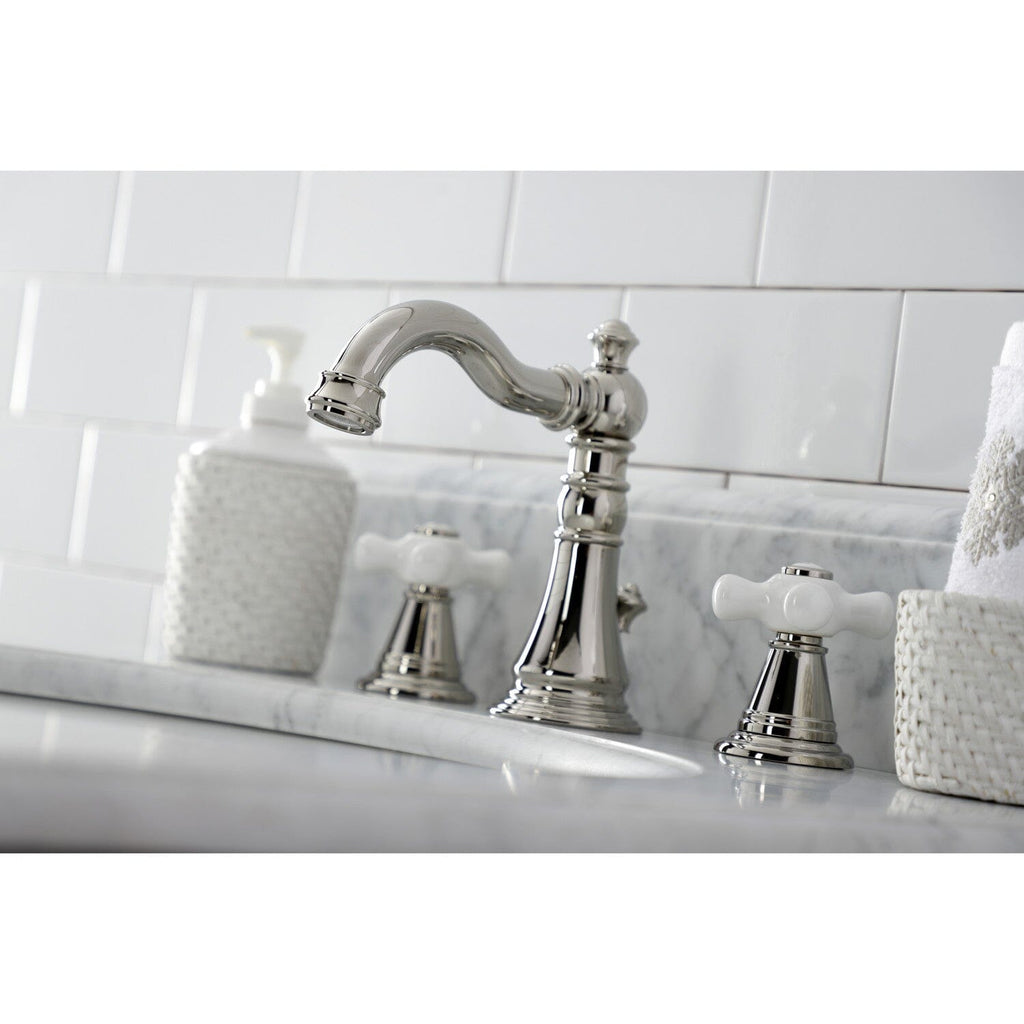 American Classic Two-Handle 3-Hole Deck Mount Widespread Bathroom Faucet with Brass Pop-Up Drain