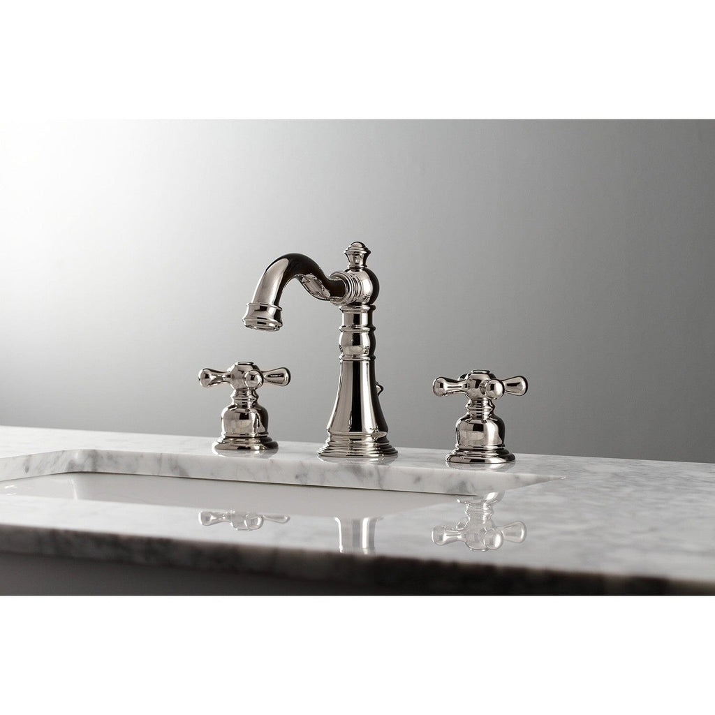 American Classic Two-Handle 3-Hole Deck Mount Widespread Bathroom Faucet with Brass Pop-Up Drain