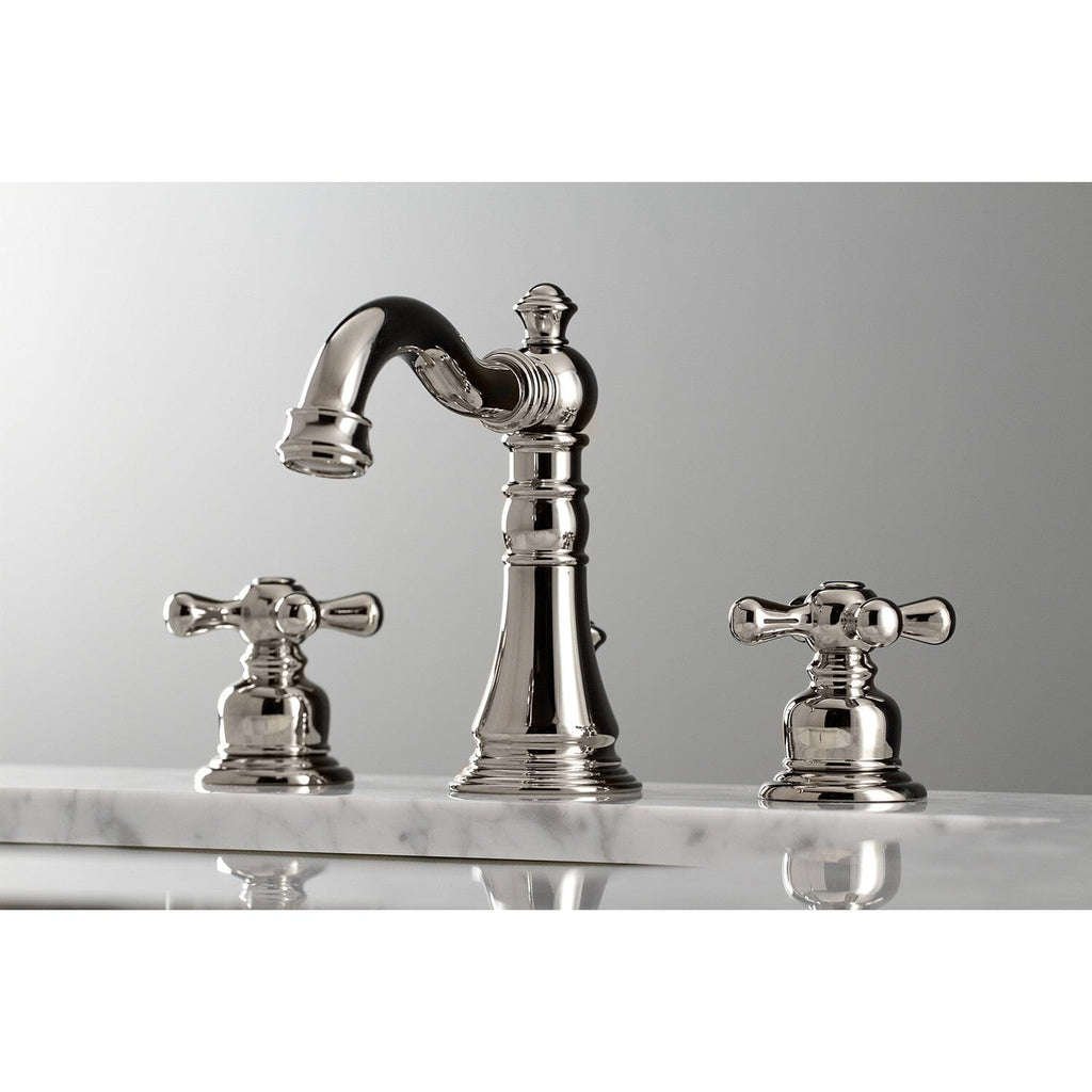 American Classic Two-Handle 3-Hole Deck Mount Widespread Bathroom Faucet with Brass Pop-Up Drain