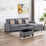 Nolan Gray Linen Fabric 4Pc Reversible Sofa Chaise with Interchangeable Legs, Storage Ottoman, and Pillows