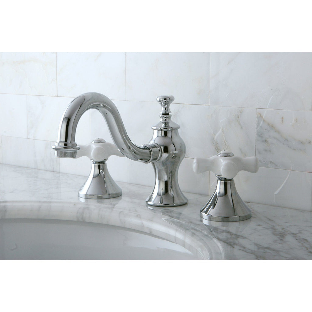 Two-Handle 3-Hole Deck Mount Widespread Bathroom Faucet with Brass Pop-Up