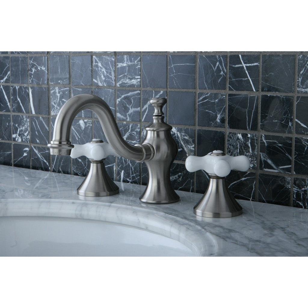 Two-Handle 3-Hole Deck Mount Widespread Bathroom Faucet with Brass Pop-Up