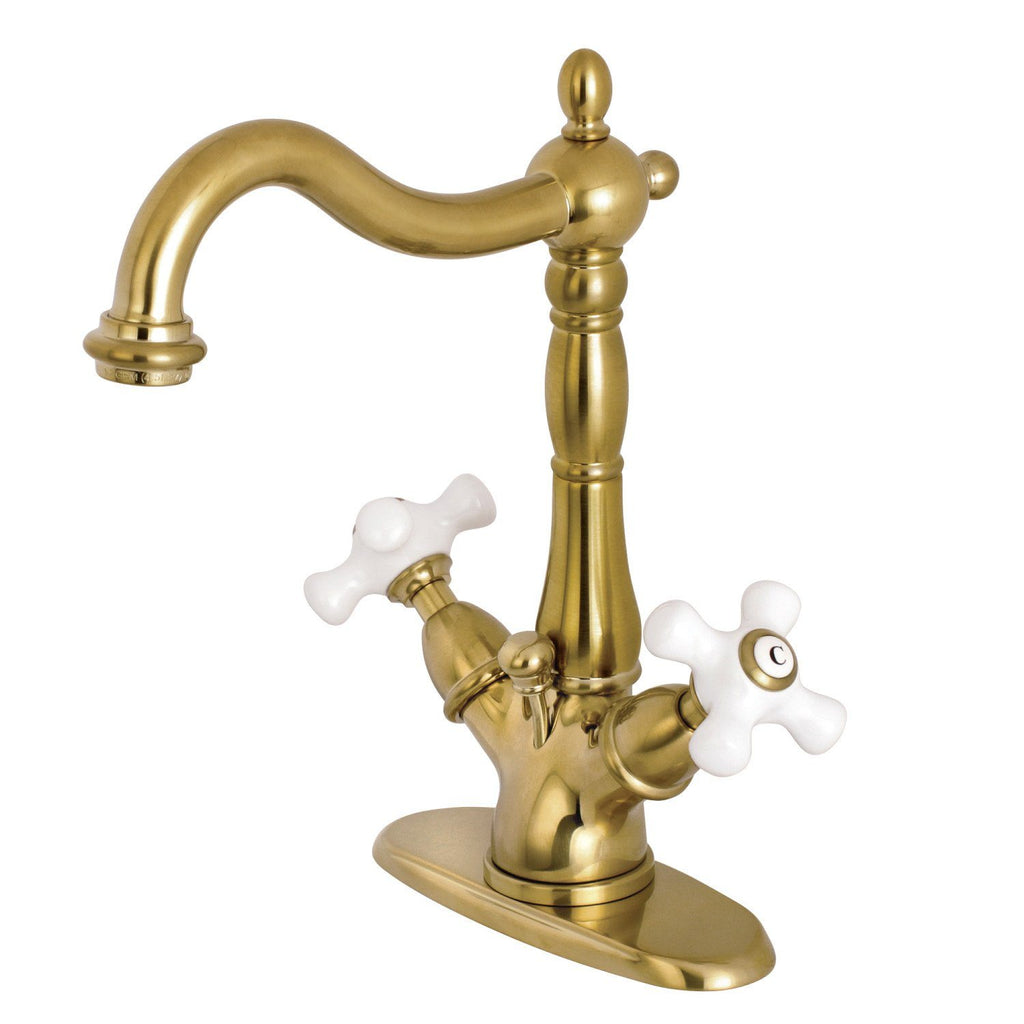 Heritage Double-Handle 1-or-3 Hole Deck Mount 4-Inch Centerset Bathroom Faucet with Brass Pop-Up