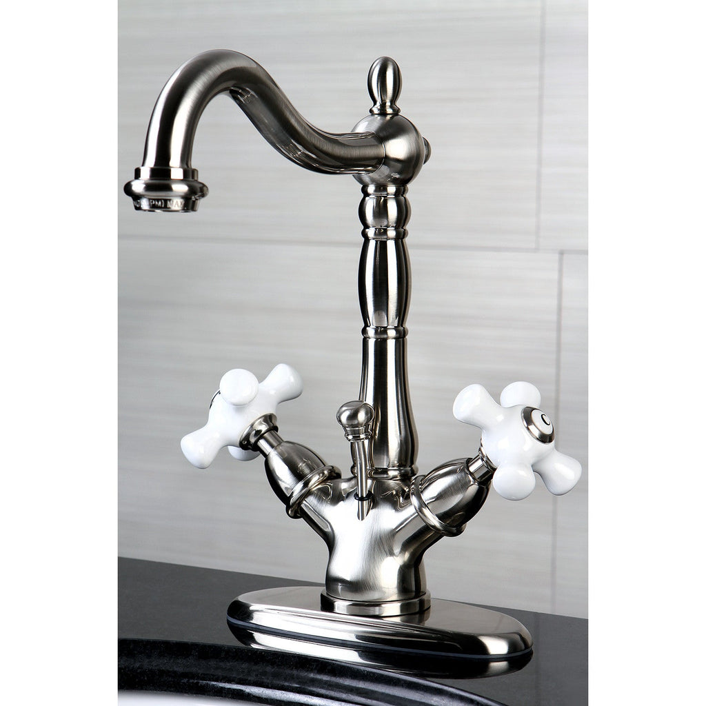 Heritage Double-Handle 1-or-3 Hole Deck Mount 4-Inch Centerset Bathroom Faucet with Brass Pop-Up