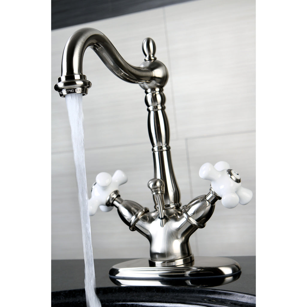 Heritage Double-Handle 1-or-3 Hole Deck Mount 4-Inch Centerset Bathroom Faucet with Brass Pop-Up