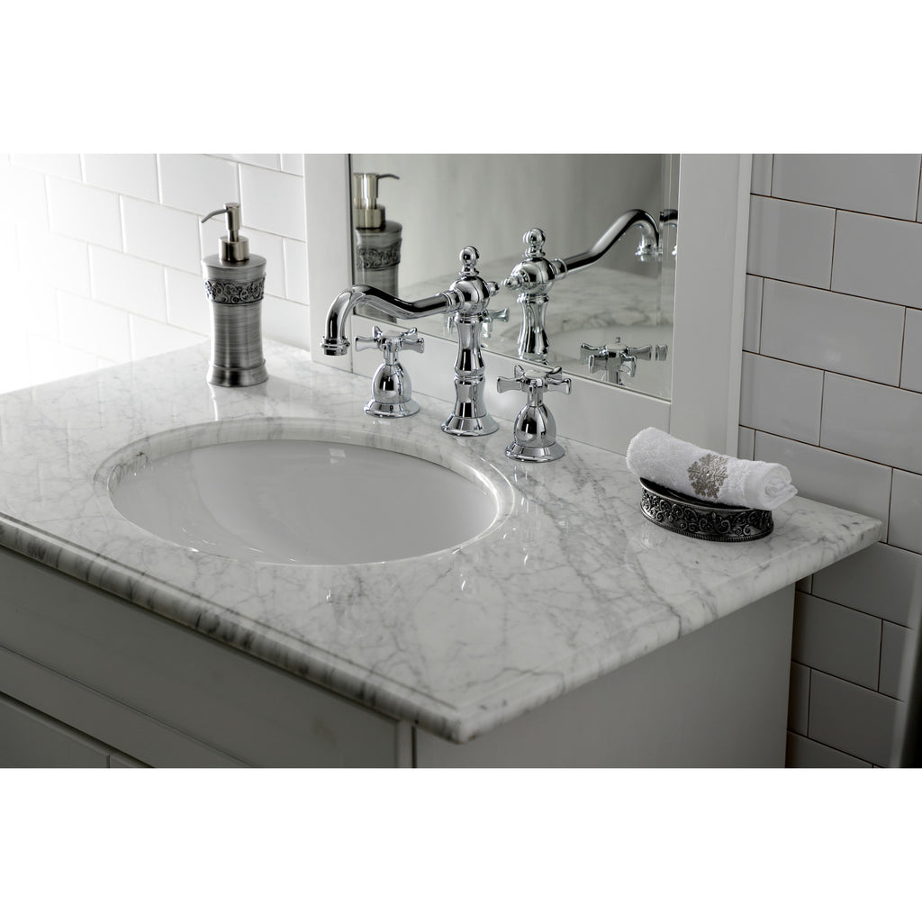 Hamilton Two-Handle 3-Hole Deck Mount Widespread Bathroom Faucet with Brass Pop-Up Drain