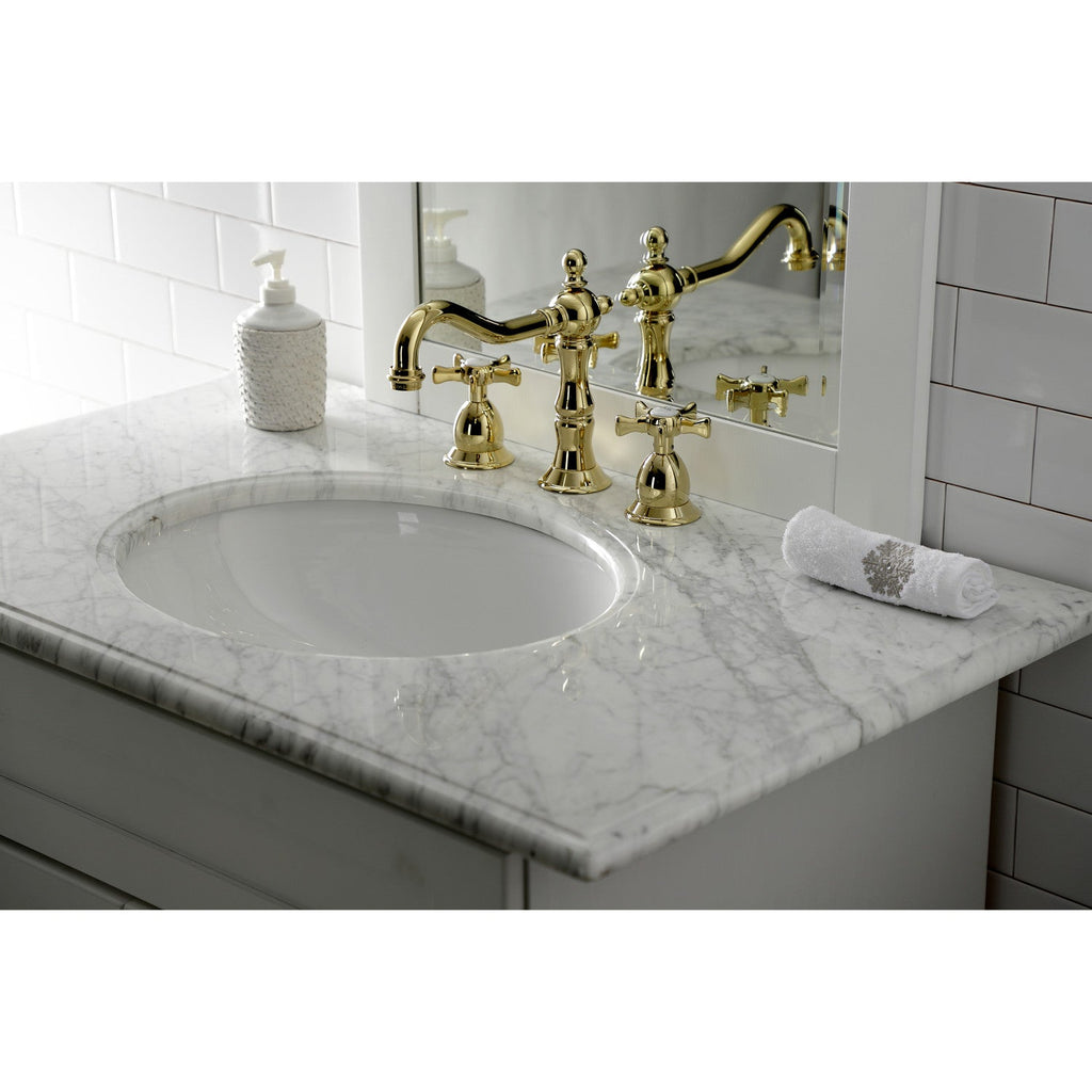 Hamilton Two-Handle 3-Hole Deck Mount Widespread Bathroom Faucet with Brass Pop-Up Drain