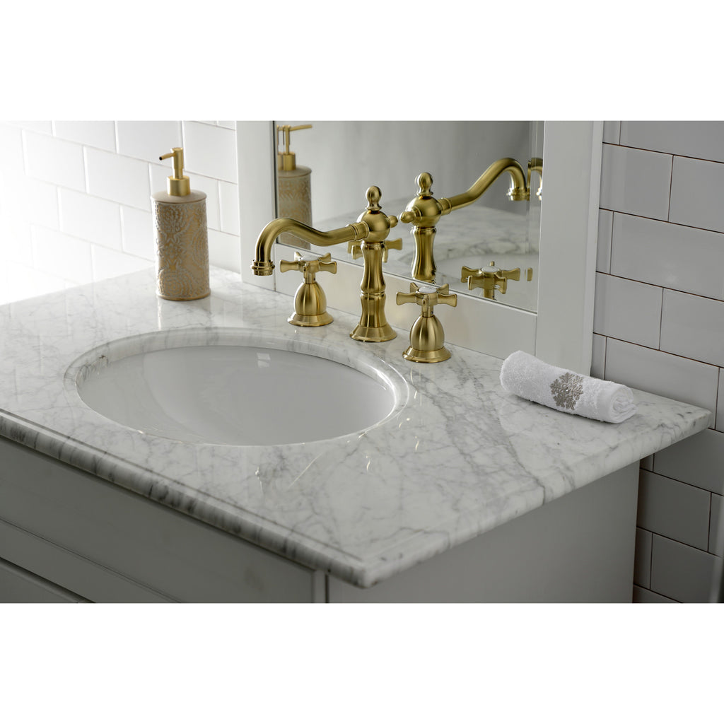 Hamilton Two-Handle 3-Hole Deck Mount Widespread Bathroom Faucet with Brass Pop-Up Drain