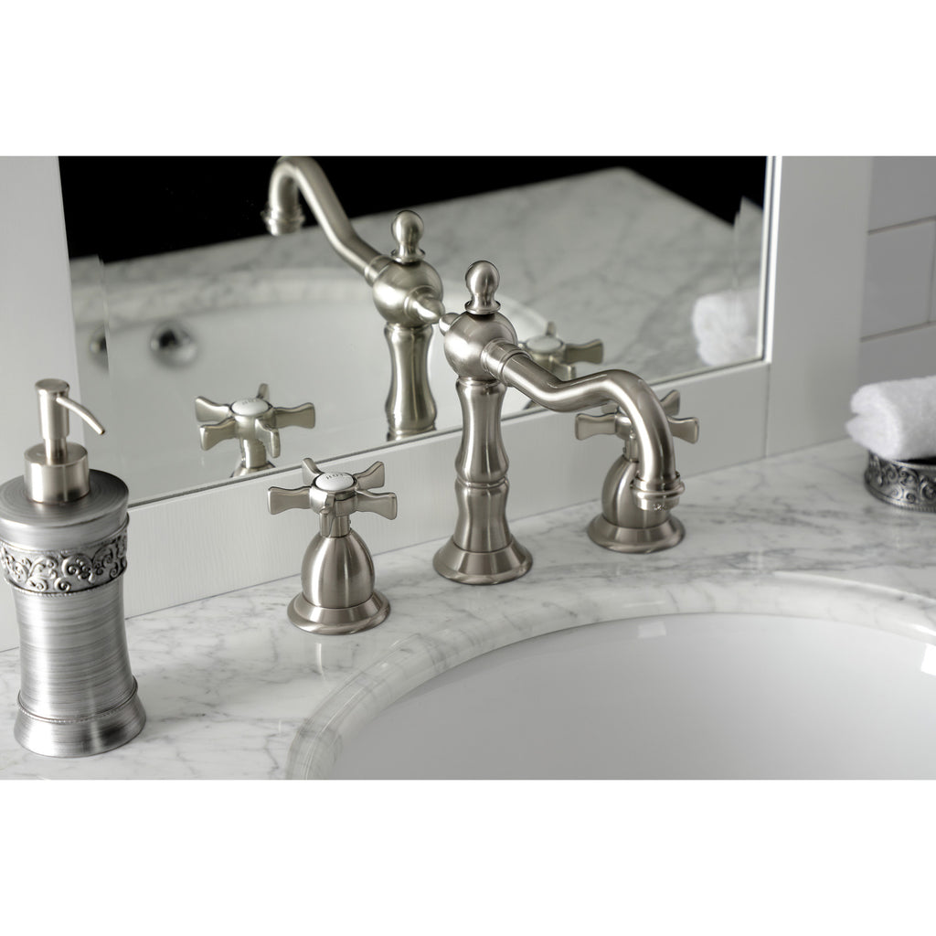 Hamilton Two-Handle 3-Hole Deck Mount Widespread Bathroom Faucet with Brass Pop-Up Drain