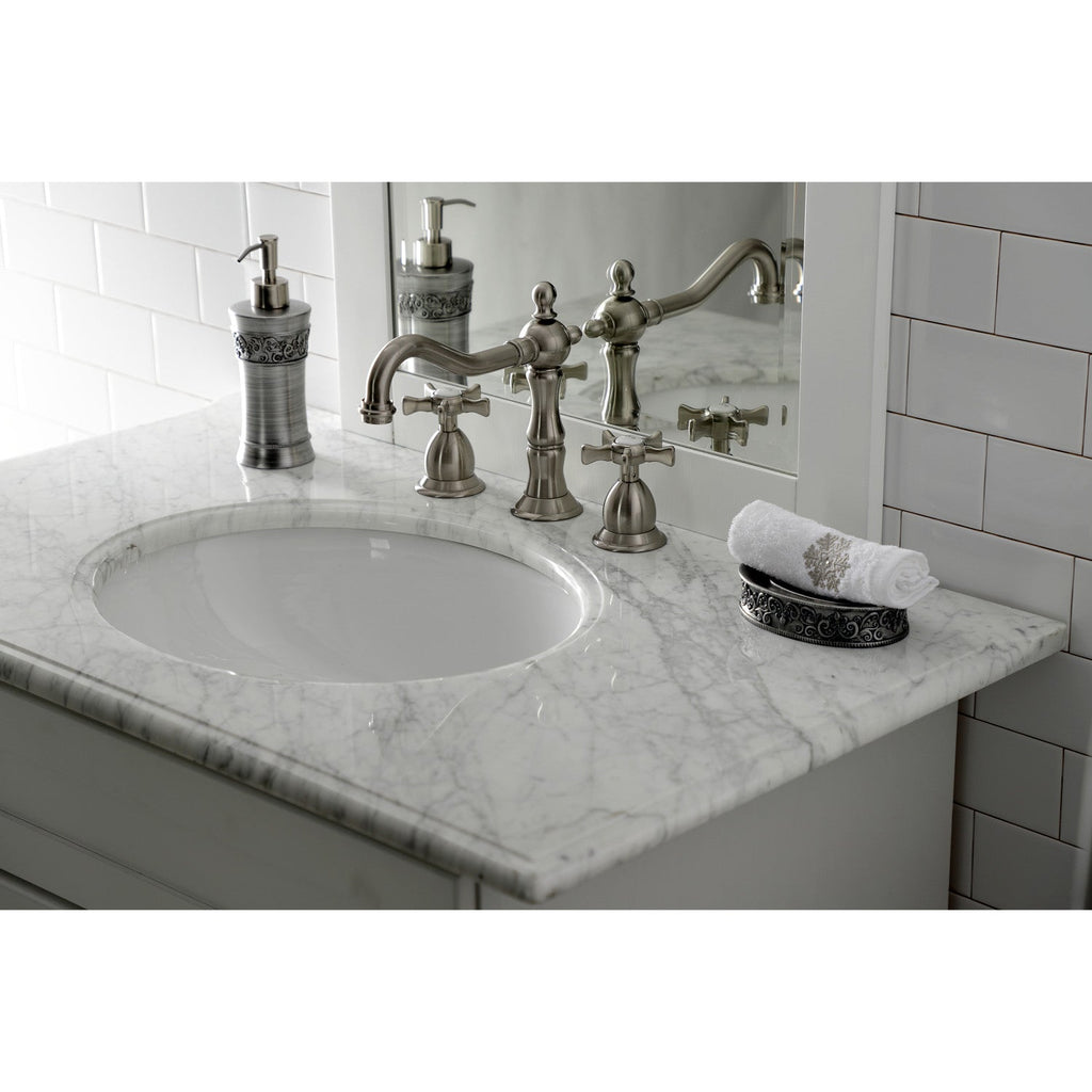 Hamilton Two-Handle 3-Hole Deck Mount Widespread Bathroom Faucet with Brass Pop-Up Drain