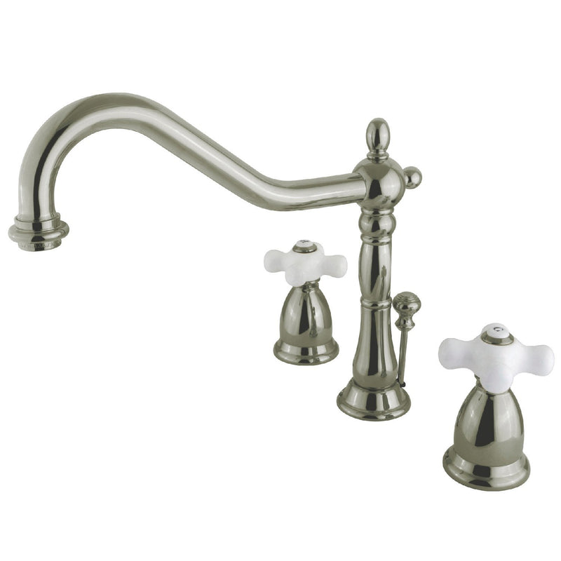 Heritage Two-Handle 3-Hole Deck Mount Widespread Bathroom Faucet with Brass Pop-Up