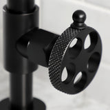 Webb Two-Handle 2-Hole Deck Mount Bridge Bathroom Faucet with Knurled Handle and Push Pop-Up Drain