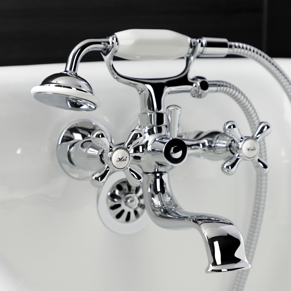 Kingston Three-Handle 2-Hole Tub Wall Mount Clawfoot Tub Faucet with Handshower