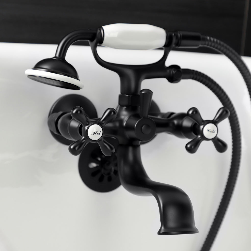 Kingston Three-Handle 2-Hole Tub Wall Mount Clawfoot Tub Faucet with Handshower