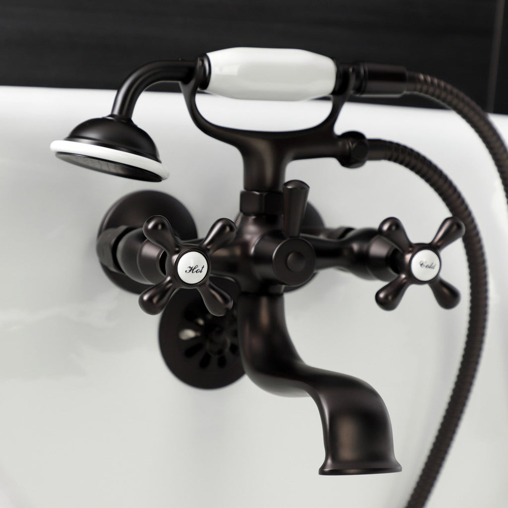 Kingston Three-Handle 2-Hole Tub Wall Mount Clawfoot Tub Faucet with Handshower