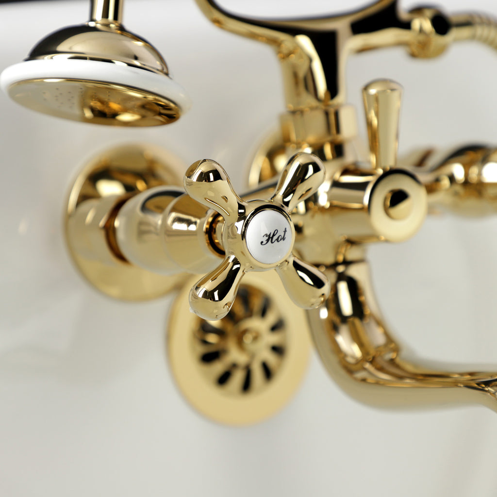 Kingston Three-Handle 2-Hole Tub Wall Mount Clawfoot Tub Faucet with Handshower