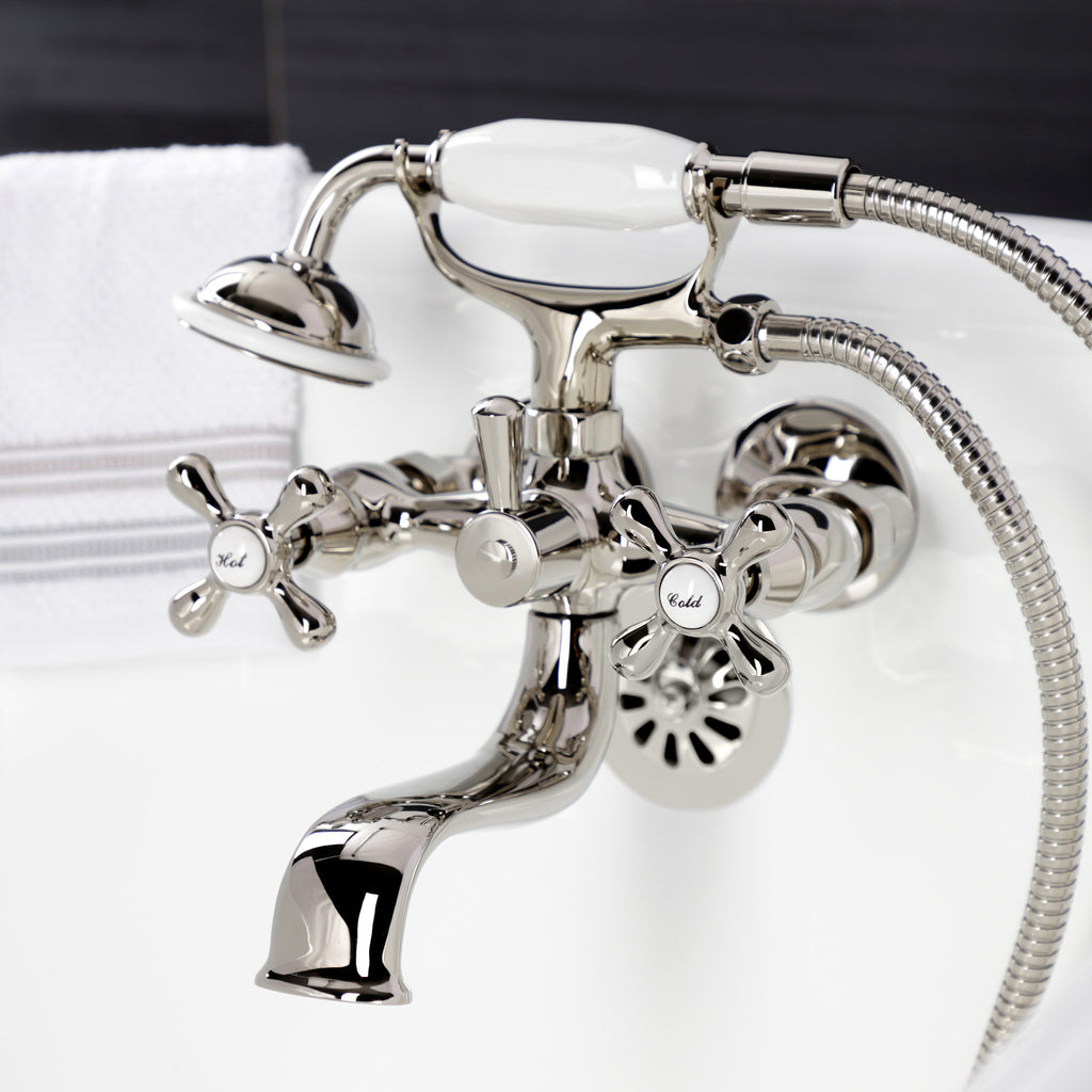Kingston Three-Handle 2-Hole Tub Wall Mount Clawfoot Tub Faucet with Handshower
