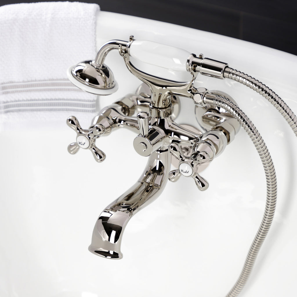 Kingston Three-Handle 2-Hole Tub Wall Mount Clawfoot Tub Faucet with Handshower