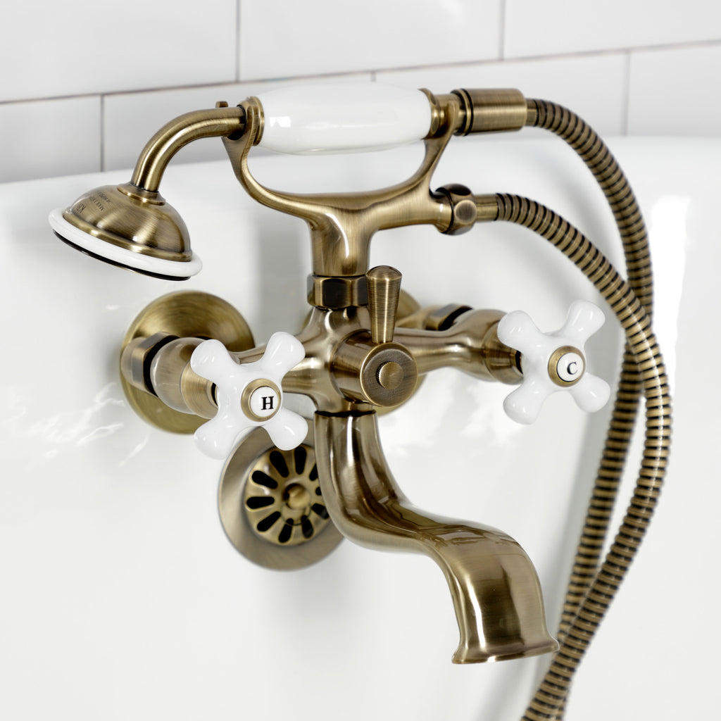 Kingston Three-Handle 2-Hole Tub Wall Mount Clawfoot Tub Faucet with Hand Shower